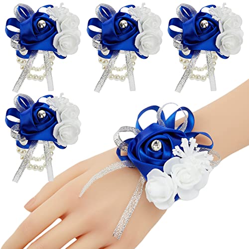 Meldel (メルデル) ロイヤルブルー手首コサージュ プロム用 4個セット ローズリストコサージュ ブライダル ブライズメイド ガール ウェディング 母 女性 ハンドフラワー 結婚式 フォーマル ディナーパーティー ホームカミング セレモニー 記念日（Amazon）