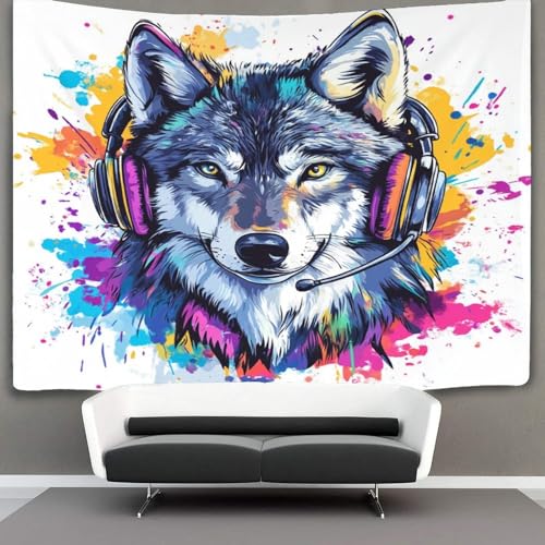 Tapisserie loup grand format 180x230 pour décoration murale de chambre à coucher.