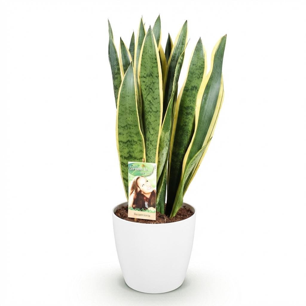 Green boutiQ - Zimmerpflanzen - Sansevieria Laurentii - Schwiegermutterzunge - Pflegeleicht - Grün - Gelb - 1 Pflanze - mit Potter Weiß - Topf 21cm - Höhe 70-80cm