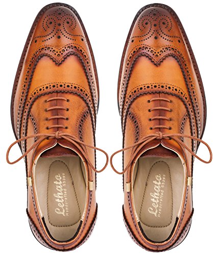 Lethato Brogue Oxford Handcrafted Men's Genuine Leather Lace up Dress Shoes with Golden Color Metal Aglets Shoelace Tips - Tan