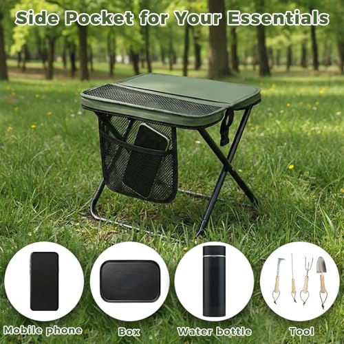 Image of Portable Folding Stool - 12 inch Tall Collapsible Backpack Stool with Storage Pouch, Hands-Free Carry & Supports 300 lbs, Ultralight for Hiking, Fishing, Camping, Festivals (Green, Standard)