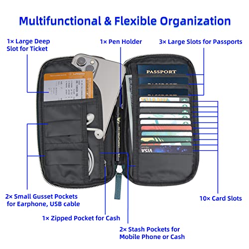 Genuine Leather Travel Wallet Lightweight Zipped Family Passport Holder with Detachable Wrist Strap for Women and Men3