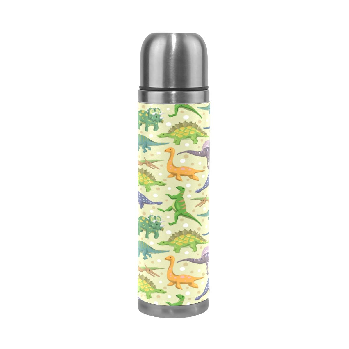 Taza de viaje aislada al vacío de acero inoxidable con doble pared a prueba de fugas, diseño de dinosaurio, personalizable impreso en piel auténtica, termo termo de 500 ml