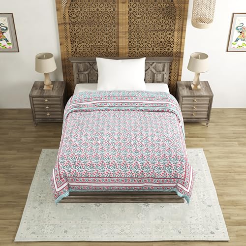 Image of BLOCKS OF INDIA Cotton Single Size Quilt Hand Block Print for Light Winters (60x90 Inches) (Turq Pink JAAL)-300 TC