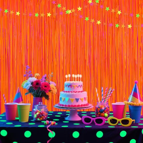 Image of 2Pack Glow in The Dark Party Supplies, Neon Party Decorations 6.6x6.6ft Fluorescent Macaron Orange Tinsel Foil Fringe Curtains, Photo Booth Prop Backdrop Luminous Streamer, Birthday Halloween Party