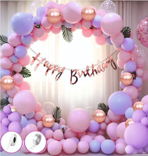 Image of Happy Birthday Balloons Decoration Kit - 71 Pcs Pastel Pink, Purple & Rose Gold Chrome Balloon Garland Set for Birthday Parties & Celebrations | Birthday Decoration Items for Kids & Girls