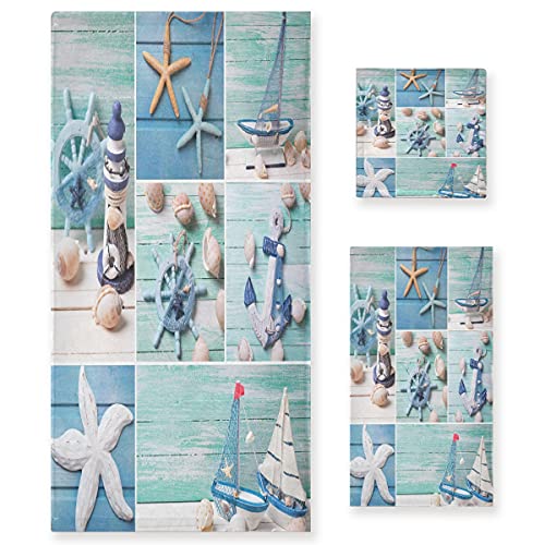 ALAZA Starfish Seashell Lighthouse Anchor Soft 3 Piece Bath Towels Set for Bathroom Spa Hotel, 1 Bath Towel+ 1 Hand Towel+ 1 Washcloth