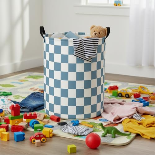 Image of Baby Laundry Hamper Basket Baby Hamper for Nursery Boy and Girl Cute Storage Bin Organizer Boho Room Decor(Blue Checkered)