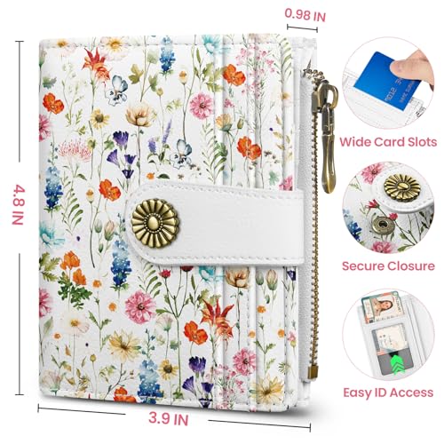 Image of Small Wallet for Women, RFID Blocking Bifold Card Holder Wallet with 10 Card Slots, Cash Compartment, Zipper Coin Pocket & ID Window, Cute Soft Vegan Leather Compact Wallet, Wildflower