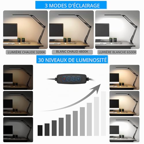 Lampe de bureau LED bras oscillant SKYLEO orientable et dimmable sur USB