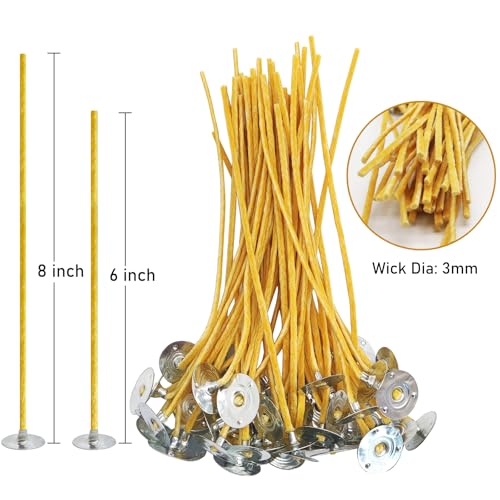 Nuozme 50 Pcs 6\" Natural Candle Wicks,Pre-Waxed by 100% Beeswax & Tabbed with 60Pcs Candle Wick Stickers and 5 Pcs Wooden Candle Wick Centering Device, for Candle Making，Candle DIY - Thumbnail 3