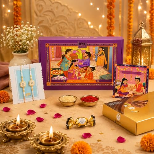 Image of Gifticon Rakhi Set for Brother Bundled with Chocolate | Rakshabandhan Gift Box with Moments Chocolate Pack Greeting Card | Roli | Chawal | Premium Rakhi Gifting Set with 2 Peach AD Rakhi