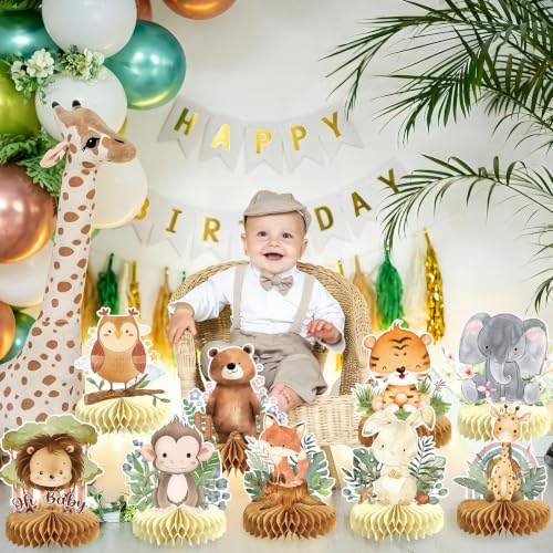 Image of 9Pcs Woodland Baby Shower Birthday Decorations Honeycomb Centerpieces, Forest Baby Shower Table Decorations Animals Birthday Party Table Centerpieces Toppers Decor