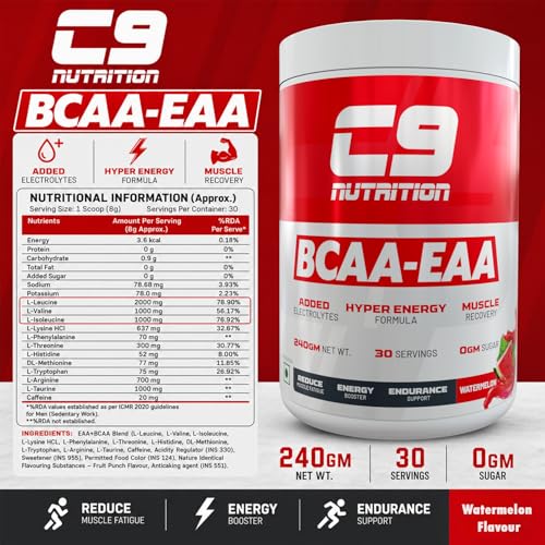 Image of C9 NUTRITION BCAA + EAA Powder | Sugar Free Workout Muscle Recovery & Endurance Drink with 5000mg BCAA, 9000mg EAA, 500 mg L-Arginine | Amino Acid Supplements (30 Servings, Watermelon Flavour)