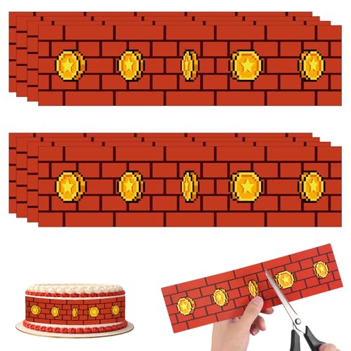 8pcs Super Theme Cake Borders 11x3in/28x7.4cm Video Game Cake Strips Decorations with Gold-Colored Coin Printed for Birthday Party Favors & Decoration Supplies