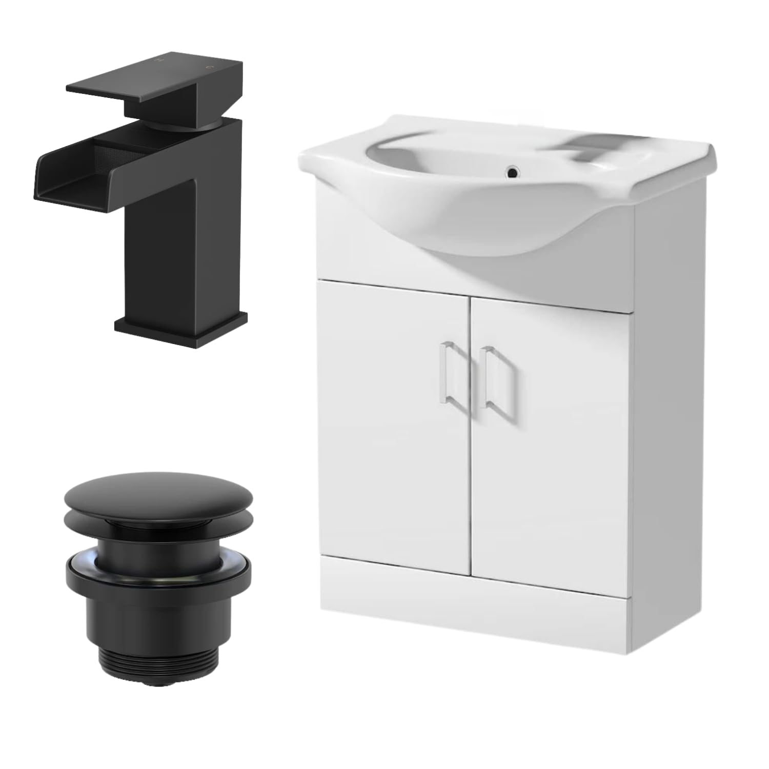 Affine® 650mm Bathroom Vanity Unit Ceramic Sink Floorstanding Storage Cabinet Cupboard & Black Waterfall Basin Tap & Waste Set, White Gloss
