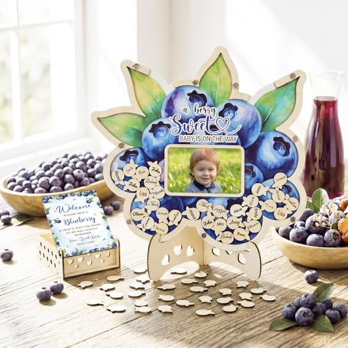 Image of Wenqik 63 Pcs Blueberry a Berry Sweet is on The Way Baby Shower Guest Book Alternatives Set Baby Shower Decorations with Photo Frame Sonogram Frame Keepsake 60 Wood Slices Guest Book for Birthday