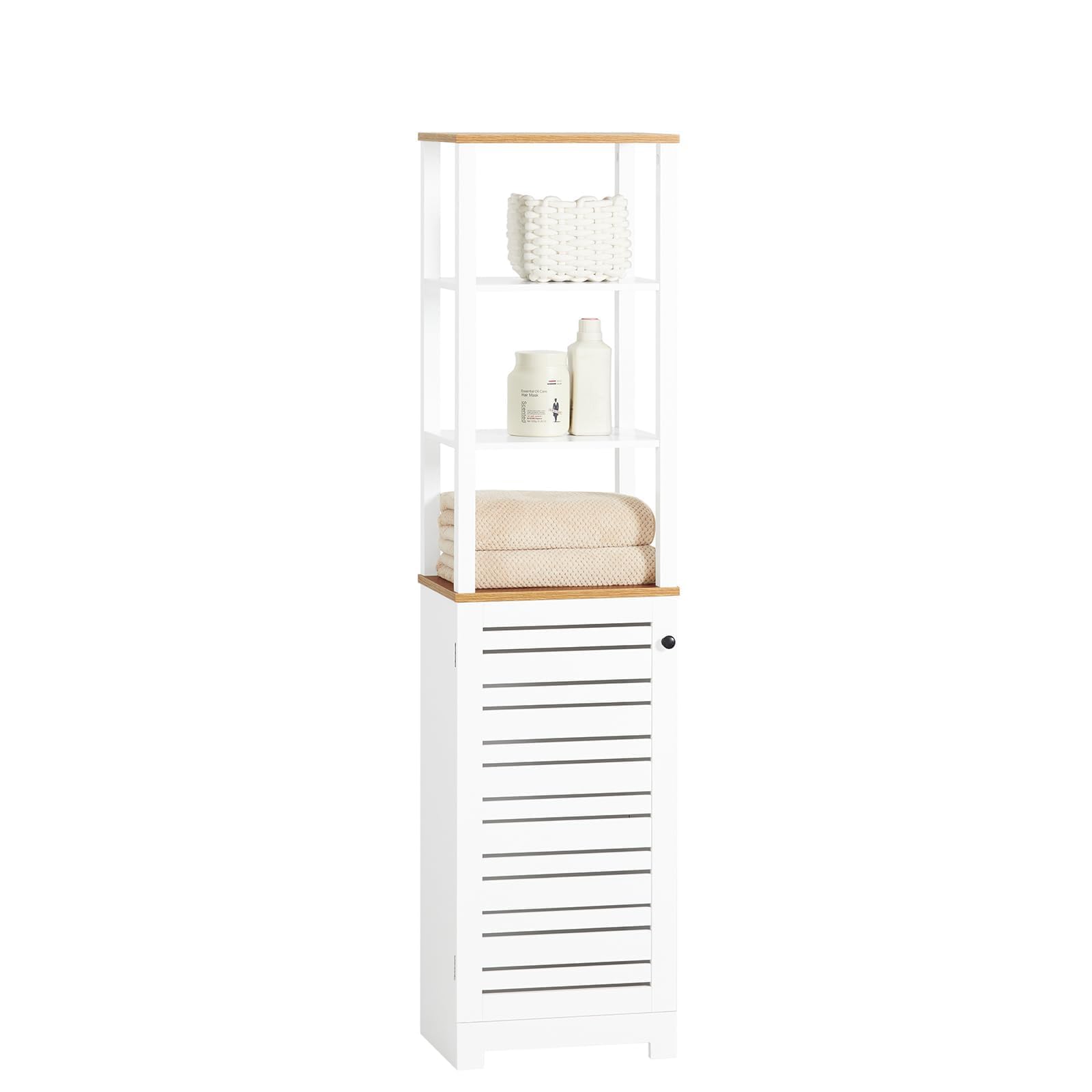 SoBuy Meuble Colonne Salle de Bain Étroit avec Étagères Ouvertes et Porte à Lames – Armoire de Rangement Haut pour Salle de Bain, WC, Cuisine ou Buanderie, Blanc-​Bois, 160x40x30cm, BZR43-​W