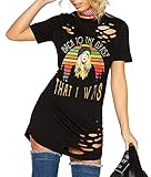 MiiVoo Women's Short Sleeve Punk Print T-Shirt Dress Sexy Hole Mini Dress Casual Tops Tee (M, A -...