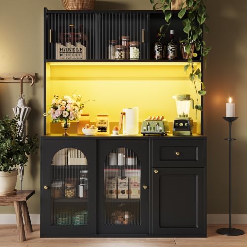 Merax Kitchen Cabinet with LED Lighting, Tall Display Sideboard with Adjustable Shelves & Glass Sliding Doors, Multifunctional Buffet Cabinet for Kitchen, Dining Room & Living Room