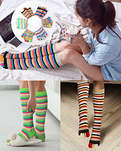 Bonuci 6 Pairs Rainbow Toe Socks Women Cotton Knee High Separated Striped Long LGBT Pride Sock4
