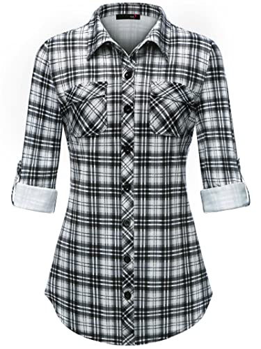 DJT Womens Soft Stretchy Plaid Shirts Roll Up Long Sleeve Collared Button Down Blouses