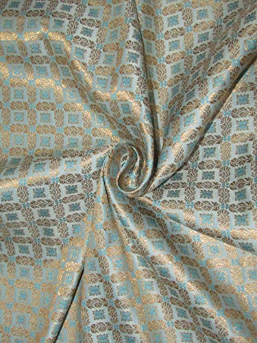 Tissu de brocart de soie bleu et or métallique de 111,8 cm de large pour haute couture