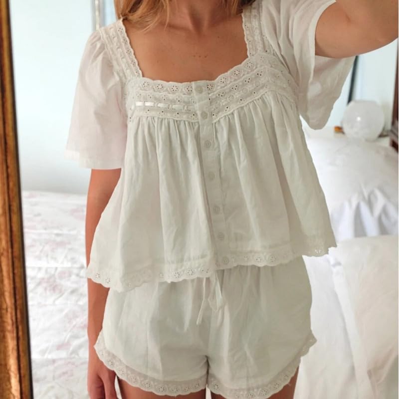 Image of ROAONOCOMO Women Floral Pajama Set Ruffle Puff Sleeve Peplum Shirt Coquette Pj Set Bow Babydoll 2 Piece Shorts Outfit