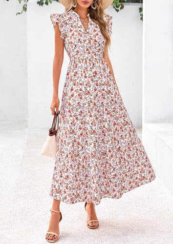 Image of PRETTYGARDEN Women's 2026 Summer Floral Midi Dress Cap Sleeve V Neck Ruffle Long Flowy Boho Casual Beach Vacation Dresses