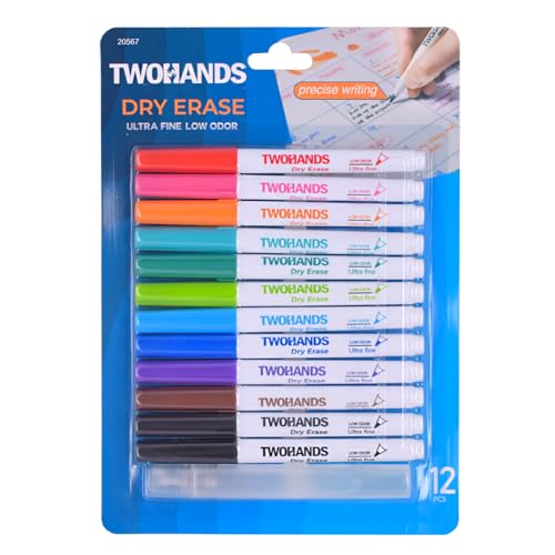 TWOHANDS Feutres Tableau Blanc Effaçables avec Nettoyant pour Tableau Blanc, Marqueurs Pointe ultra Fine 0,7 mm, Faiblement Odorants, Assortiment de 11 Couleurs, 12 Pièces, 20567