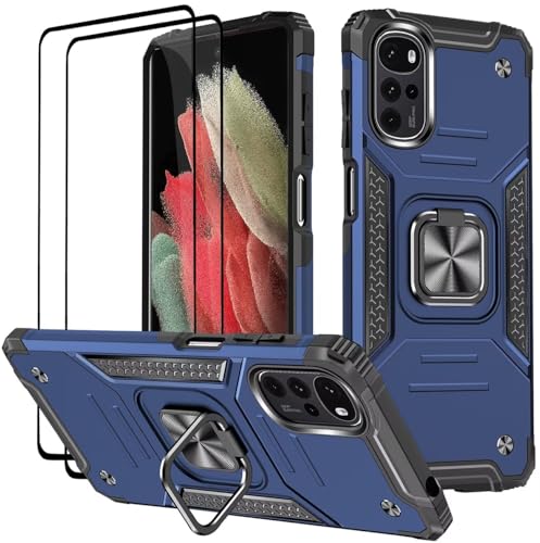 KANSi Funda para Motorola Moto G22 / E32 / E32S, Cristal Vidrio Templado [2 Piezas] Capa Anillo iman Soporte Hard PC y Silicona TPU Antigolpes Armor Carcasa - Azul