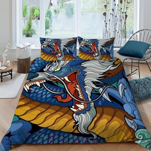 Housse de couette double dragon bleu et parure de lit imprimé 3D animaux pour garçon - 3