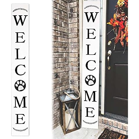 DQ DQ HOME DECOR Tall Outdoor Welcome Sign for Front Door, 6ft White Animal Paw Welcome Sign,Rustic Tall Welcome Sign for Front Porch Standing, Modern Farmhouse Welcome Porch Sign Wood Vertical Décor Cover