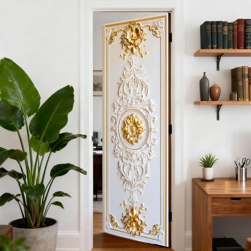 Image of Nuxovilar French Gold Door Stickers Peel Stick PVC 30.3x78.7 Inches | Door Stickers Wall Decals Peel Stick Cover Vinyl Art Poster Home Bedroom Living Room (French Gold)