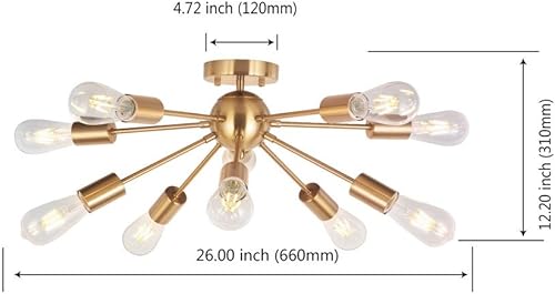 Miniatura 6 de Moderno Sputnik - Lámpara de araña de 10 luces de latón cepillado semiempotrada, lámpara de techo dorada de mediados de siglo BONLICHT