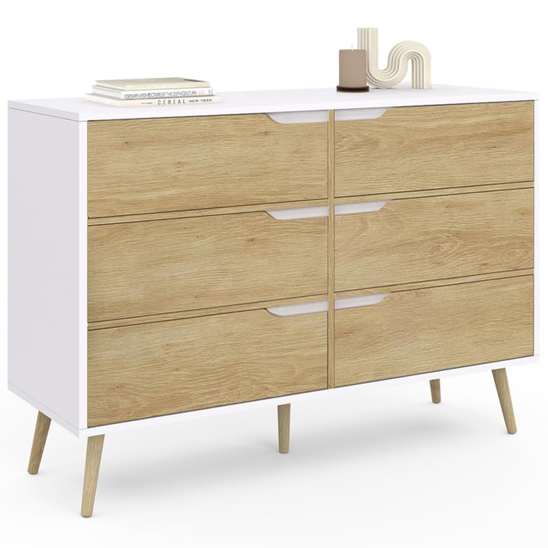 IDMarket Helsinki - Cómoda 6 cajones (115 cm, escandinavo), color blanco y haya efecto haya, color blanco