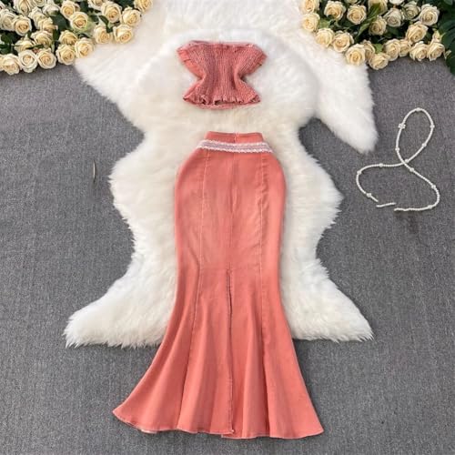 Women Elegant Slash Neck Club Denim Suit Chest Wrap Top Lace Up High Waist Slim Mermaid Skirt2