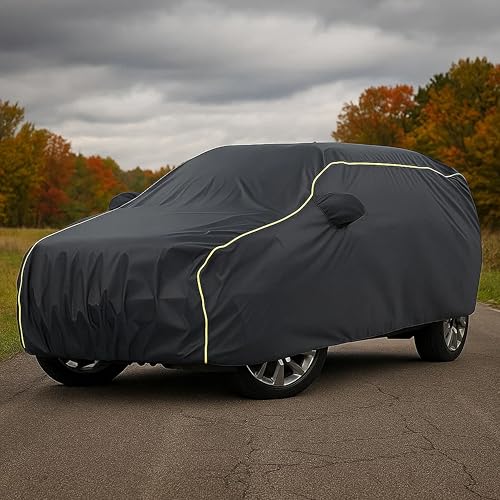 Image of Sulfar 100% Water Resistant Car Body Cover Compatible with Mirror for Toyota Previa (Triple Stitched, Full Bottom Elastic, Dark Grey Taffeta with Yellow Piping)