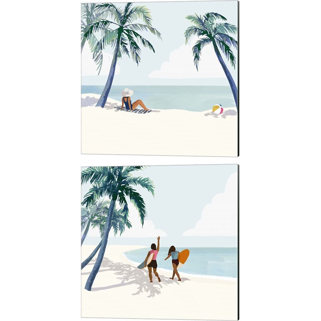 Palm Tree Paradise by Victoria Barnes, 2 Piece Canvas Art Set, 10 X 10 Inches Each, Beach Art