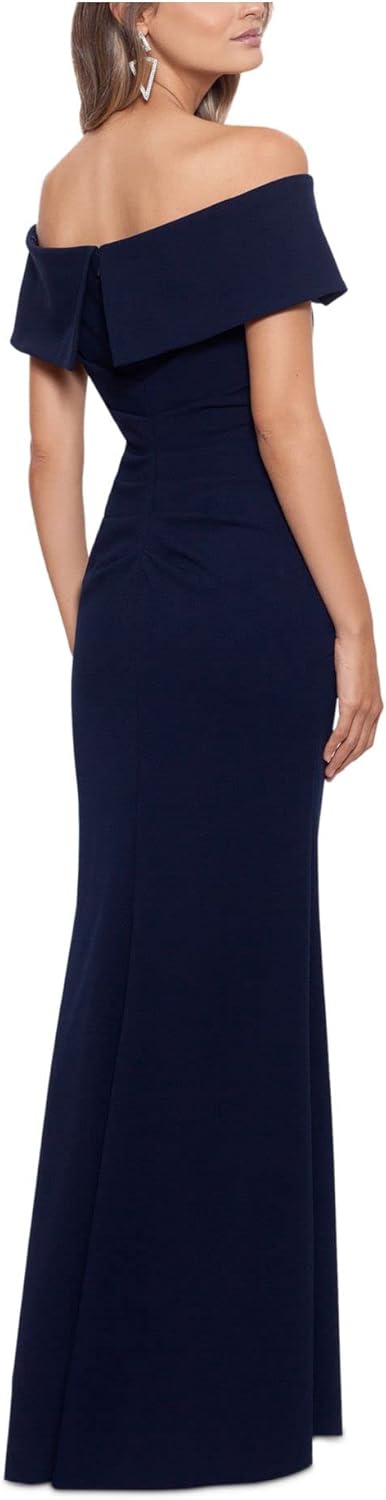 Xscape Long Scuba Crepe Off-The-Shoulder Dress Navy 12