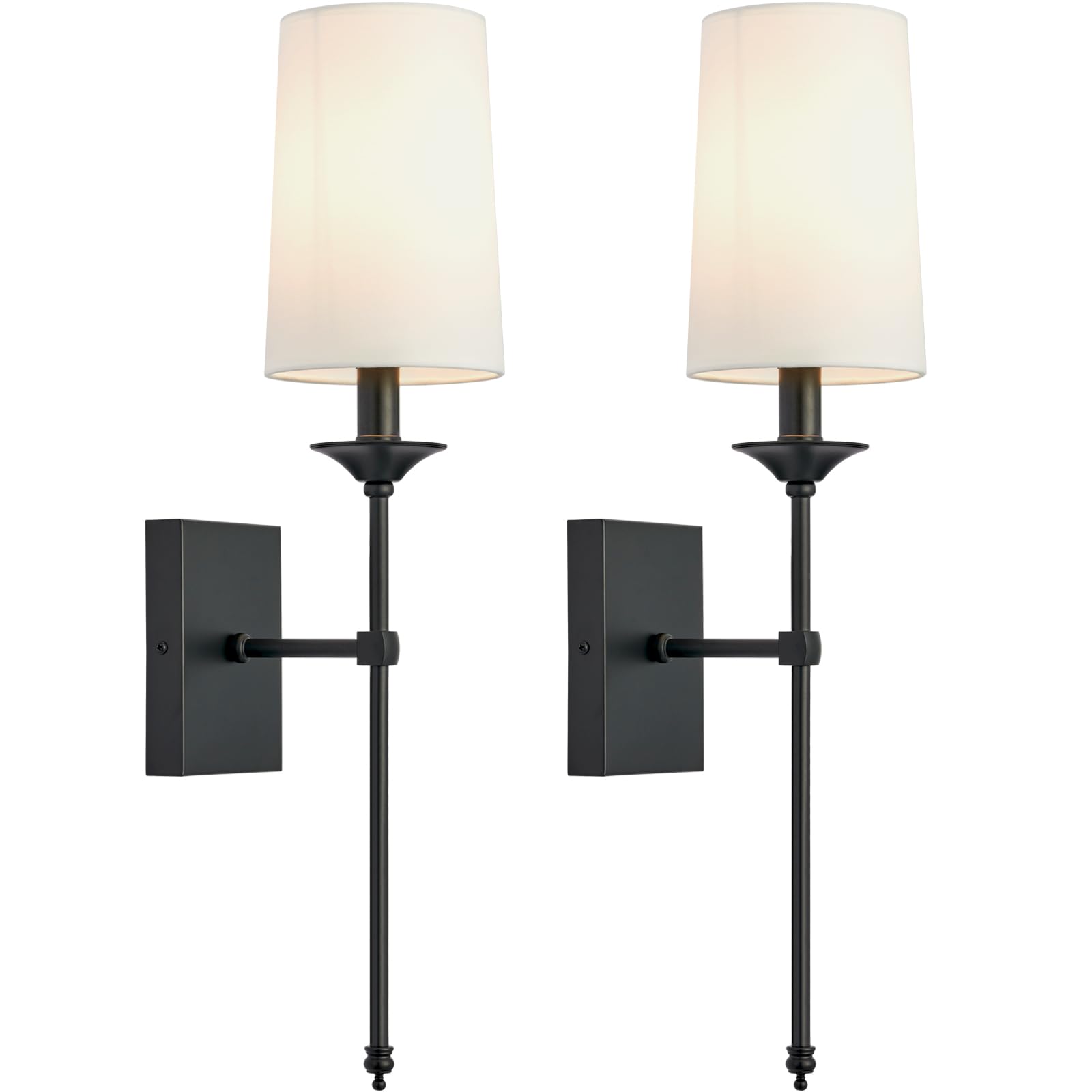 TERLEENART Hardwired Fabric Wall Sconces Set of 2, Mid Century Candlestick Style Wall Light Fixtures with Pure White Cylindrical Shade and Black Long Slim Stem,for Bathroom Bedroom Living Room