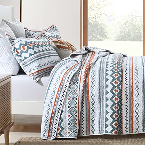 Perhom Quilts Queen Size - 100% Cotton Bohemian Queen Quilt Set, Aztec Queen Quilt Bedding Set Bedspreads, Boho Reversible Lightweight Striped Quilts For All Seasons, Turquoise/Tangerine, 3-Pieces #TOP2