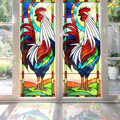 Rooster Stained Glass Window Film, Decorative Rooster Stained Glass Window Film, Rooster Stained Glass Window Film for Bathroom Door Heat Anti UV