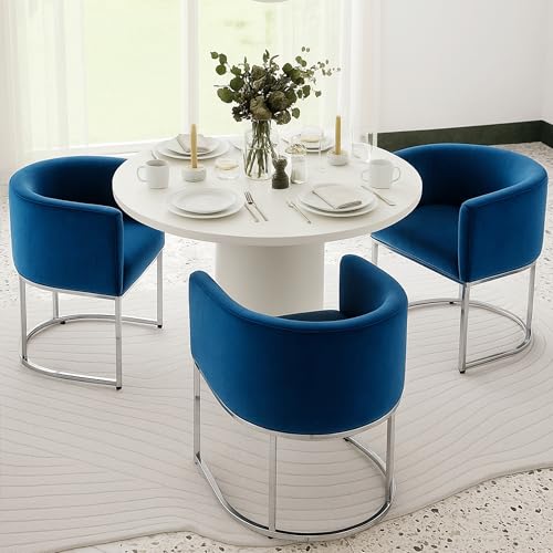 Image of HNY Mid Century Modern Upholstered Barrel Dining Chairs with Arms Set of 3, Velvet Kitchen & Dining Room Chairs, 18.5 inch Wide Accent Chairs for Dining Room Living Room with Chrome Metal Frame, Blue