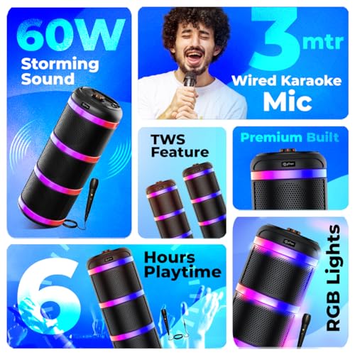 Image of pTron Fusion Theatre 60W Bluetooth Speaker w / 3m Wired Karaoke Mic, Punchy Sound, 5 EQs, Vivid RGB Lights, Party Speaker w / BTv5.2 /USB /SD Card Playback, TWS Mode & Type-C Charging (Midnight Black)