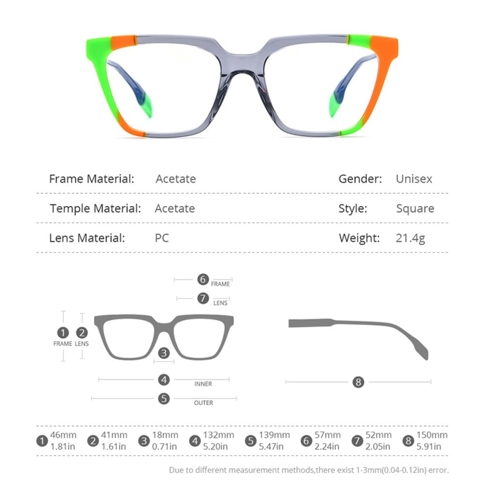 MUTYNE Mehrfarbige Acetat-Brillengestelle für Herren, Retro, quadratisch, für Damen und Herren