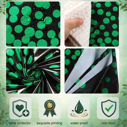Image of Oudain 6 Pcs Green and Black Tablecloth for Parties Plastic Dot Tablecloths Printed Table Runner Waterproof Disposable Rectangle Table Cover for Graduation Birthday Wedding Summer Party, 54 inch x 108 inch