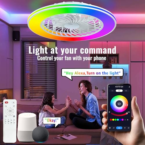 SOGOTING 24'' Low Profile Bladeless Ceiling Fans with Lights, Remote/APP/Alexa Smart Control, RGBW Dimmable, Flush Mount Ceiling Fan with 6-Speed Reversible for Bedroom Living Room by SOGOTING - Used condition - Image 2