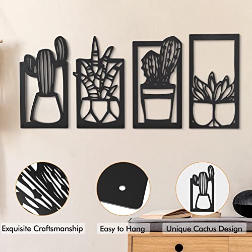 Metal Wall Decor Set Of 4 Black Wall Decor Cactus & Succulent Metal Wall Art For Living Room Bathroom Dining Room Kitchen Bedroom Decor Aesthetic Modern Decor Minimalist Wall Sculptures For Home Decor #TOP5