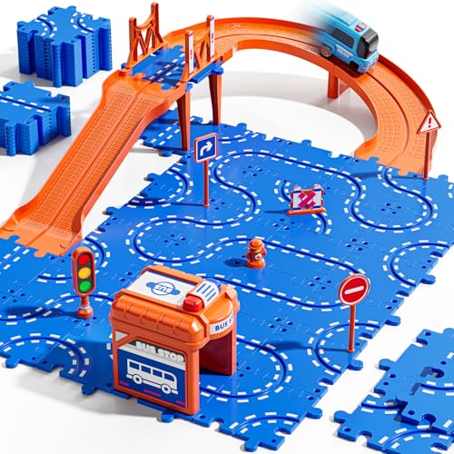 Guminnara Toddler Puzzles Track Cars Toys for Kids, Boys and Girls Age 3-5 4-7, Floor Puzzle Race Track with Cars and Road Signs, Birthday Toy Games for 3 4 5 6 7 8 Year Old Birthday Gifts